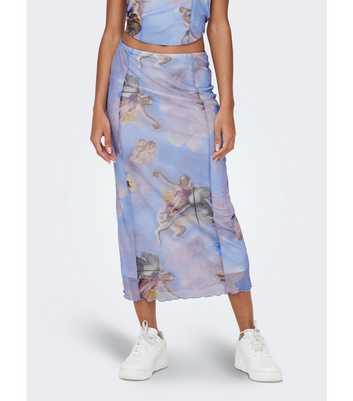 NEON & NYLON Pale Blue Paint Effect Angel Print Calf Length Skirt