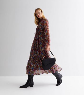 ONLY Deep Pink Floral Chiffon High Neck Long Puff Sleeve Midi Dress ...