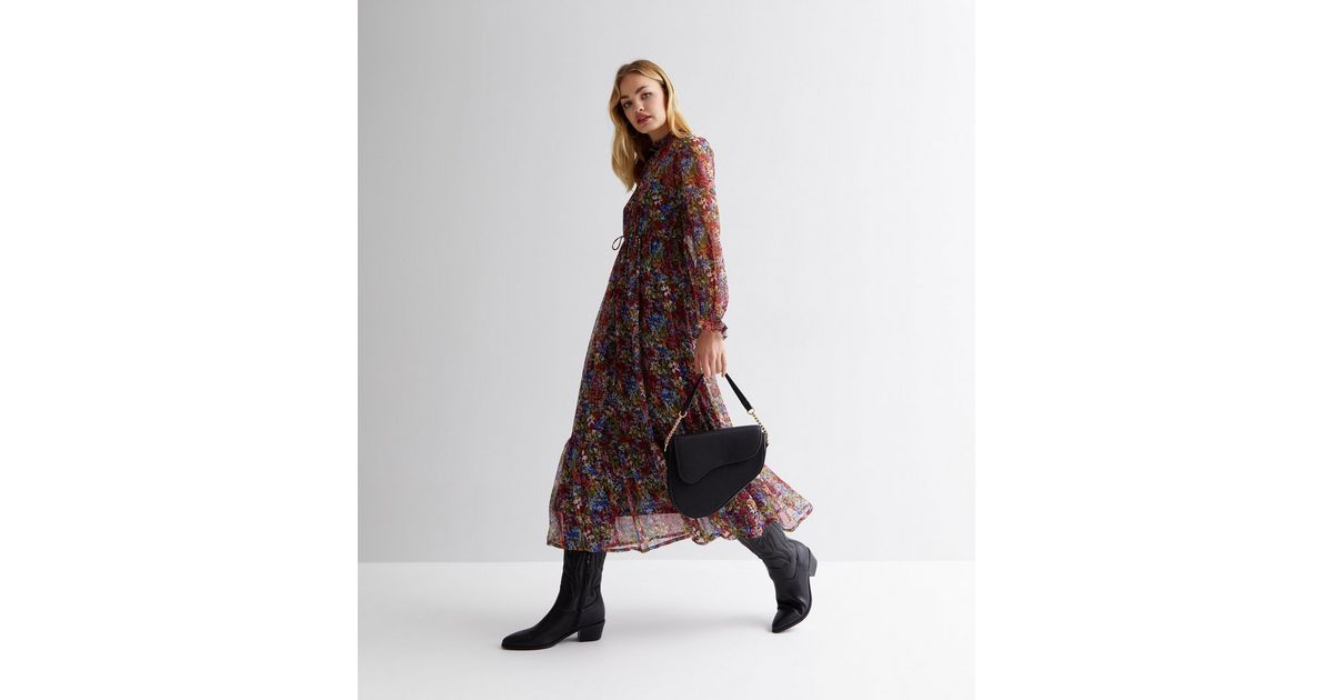 ONLY Deep Pink Floral Chiffon High Neck Long Puff Sleeve Midi Dress ...