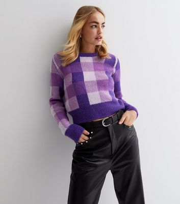 ONLY Dark Purple Check Knit Long Sleeve Jumper | New Look