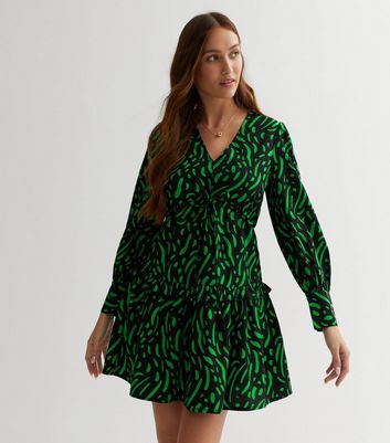 Green Animal Print Frill Tie Waist Tiered Mini Smock Dress