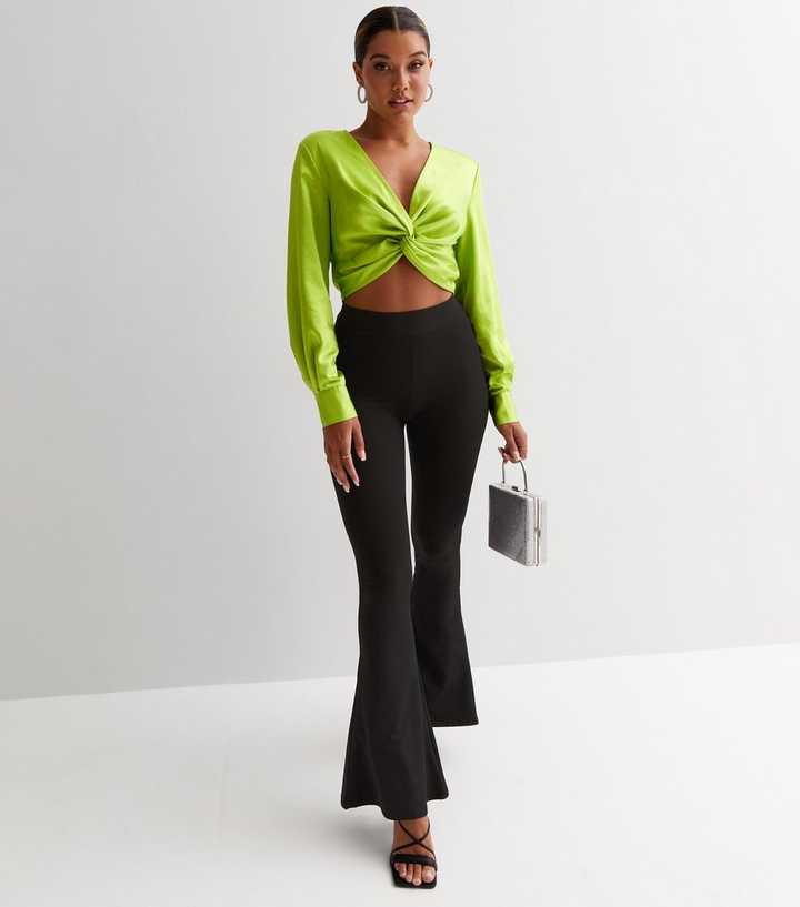 ONLY Light Green Satin Long Sleeve Twist Front Crop Top | New Look