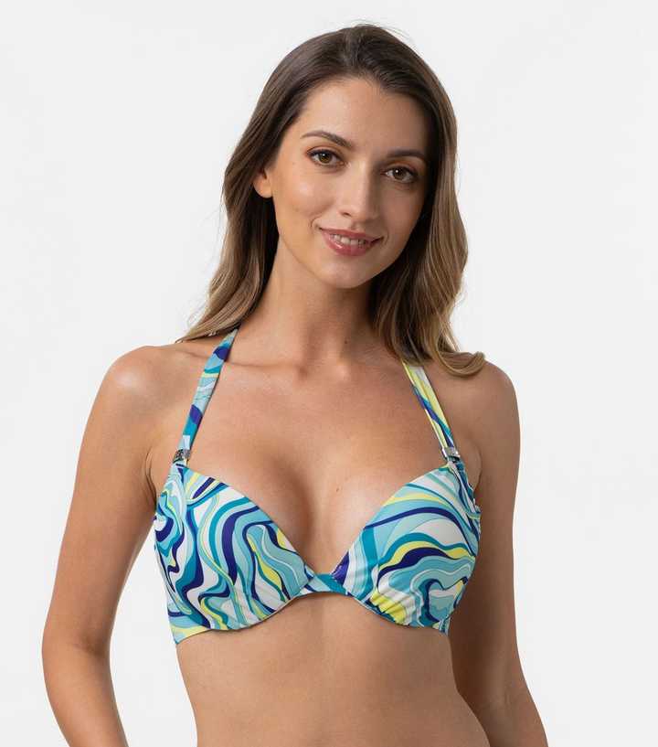 Gladys Menda City Analist Dorina Blue Swirl Halter Neck Super Push Up Bikini Top | New Look