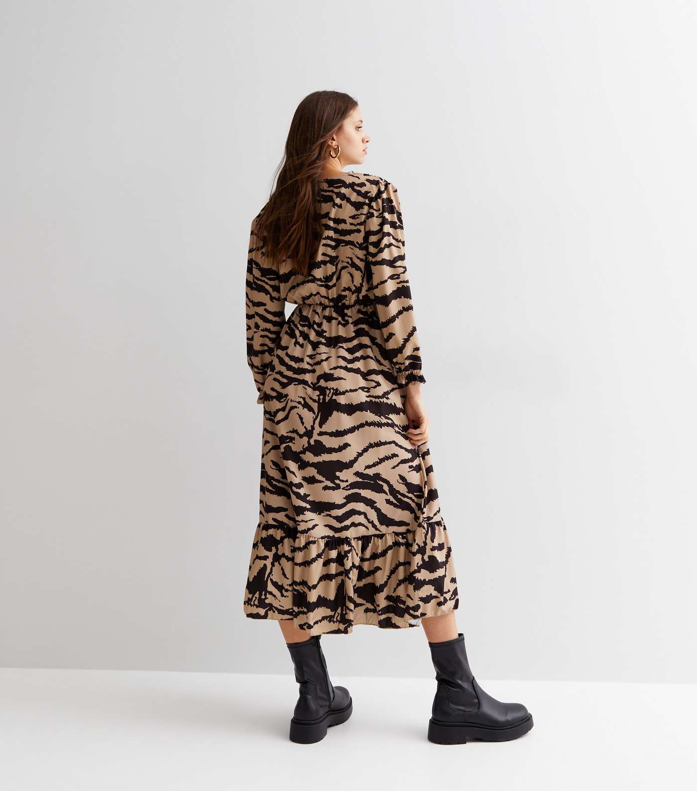 Parisian Brown Zebra Print V Neck Long Sleeve Split Hem Midi Dress Image 4