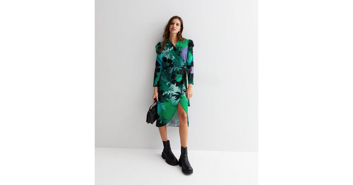 Parisian Green Floral V Neck Long Puff Sleeve Midi Wrap Dress | New Look