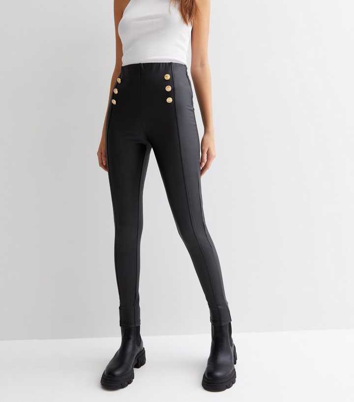 Vivienne Faux Leather Button Front Leggings In Black, IKRUSH