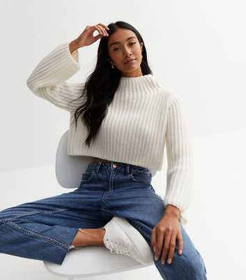 Cameo Rose Off White Ribbed High Neck Crop Jumper