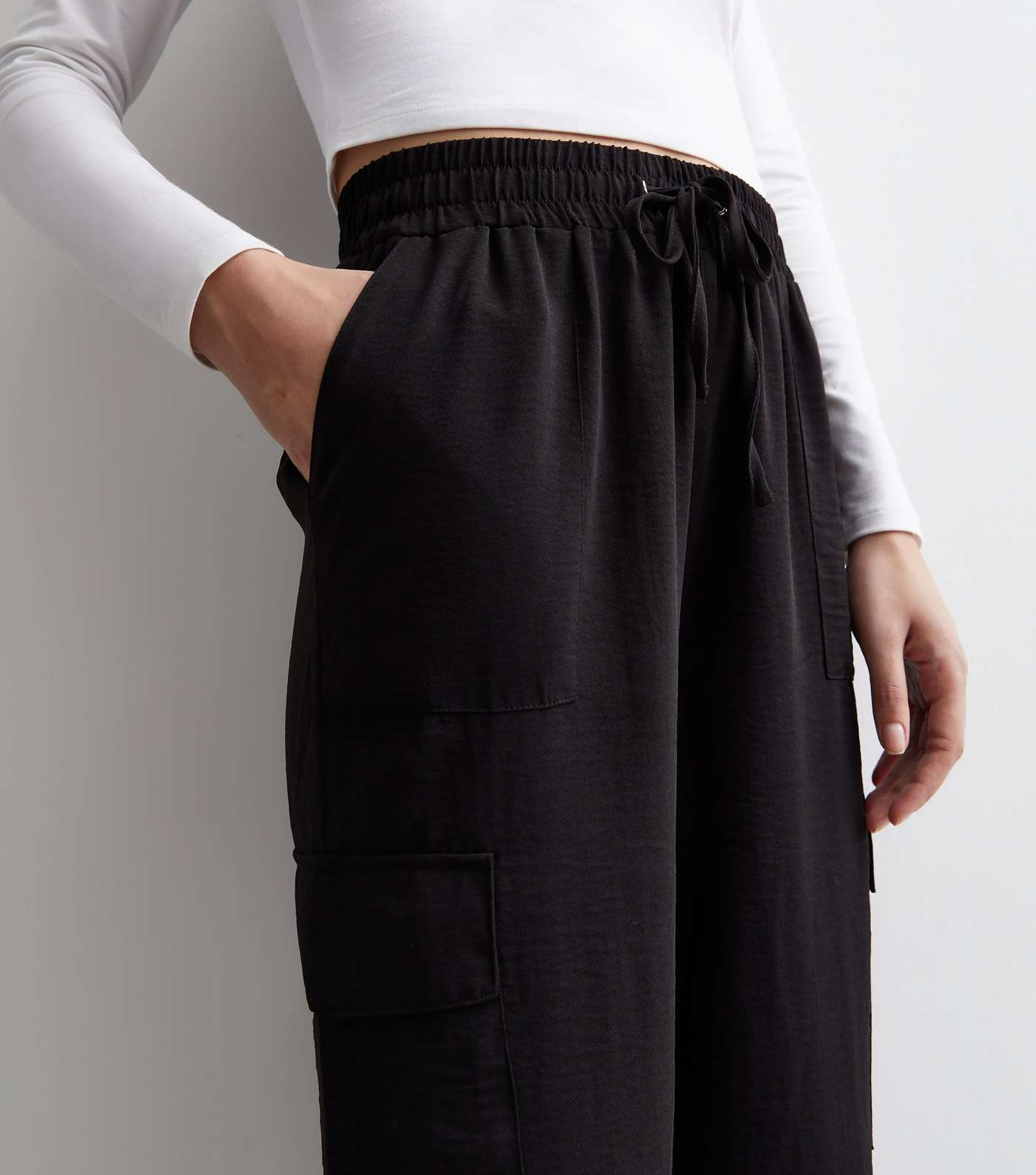 Black Drawstring Cuffed Cargo Trousers Image 2
