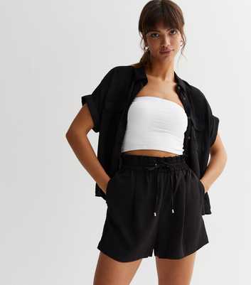 Black Shirred Waist Drawstring Shorts