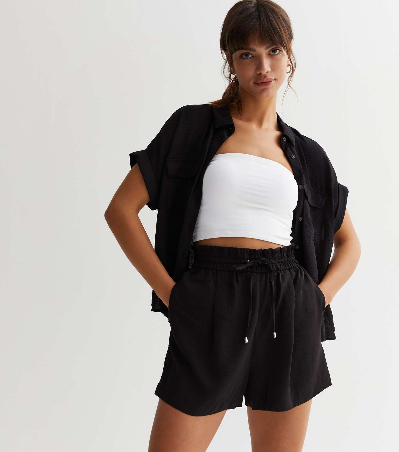 Drawstring Lock Slide Shorts Black Shirred Waist Drawstring Shorts | New Look