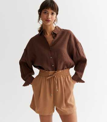 Light Brown Shirred Waist Drawstring Shorts