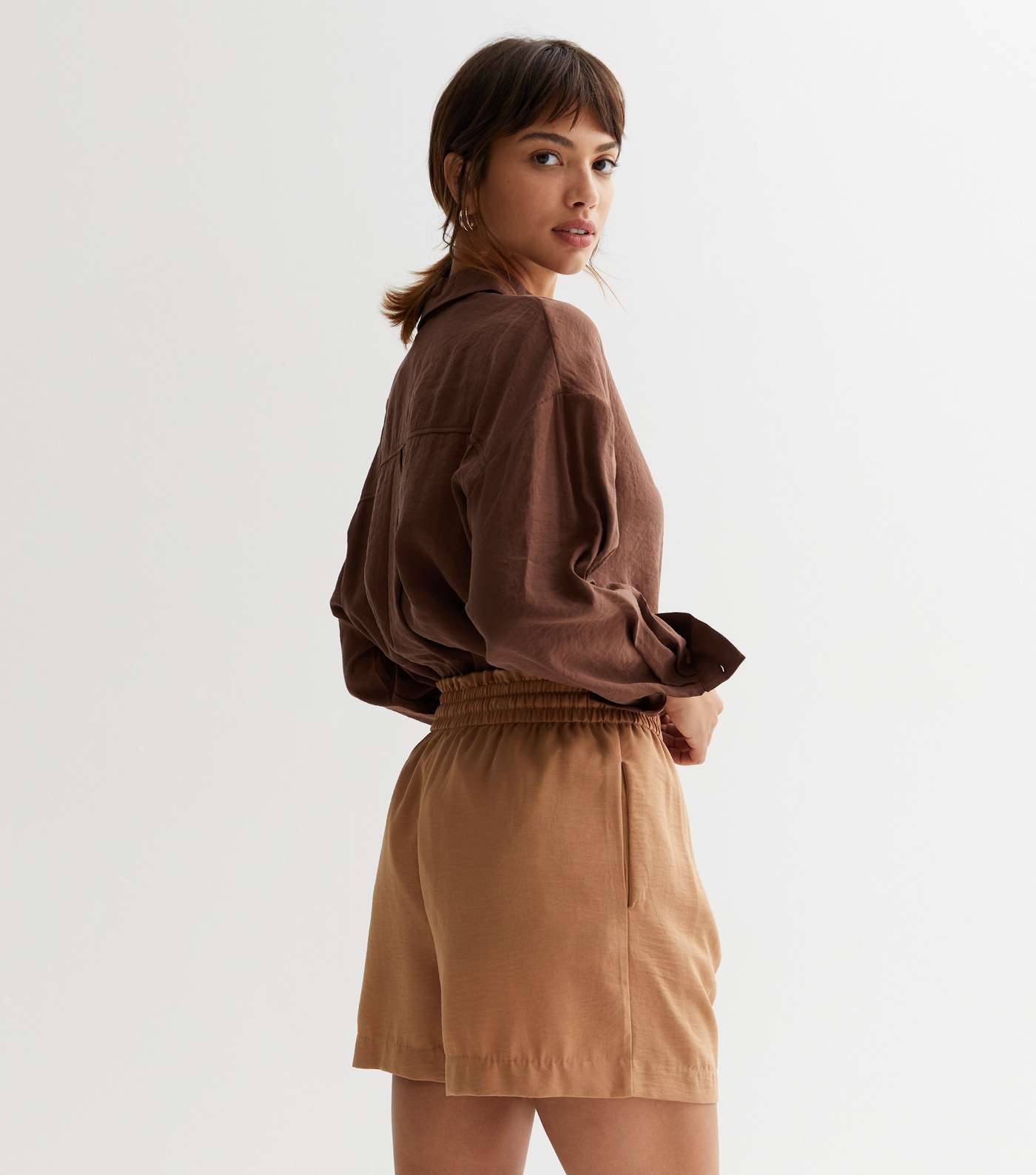 Light Brown Shirred Waist Drawstring Shorts Image 4
