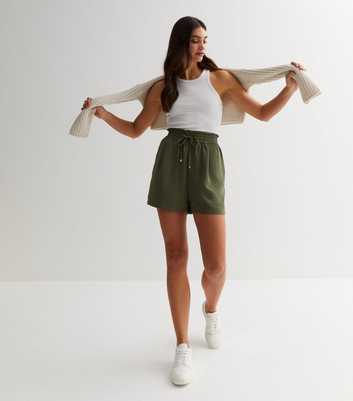 Khaki Shirred Waist Drawstring Shorts