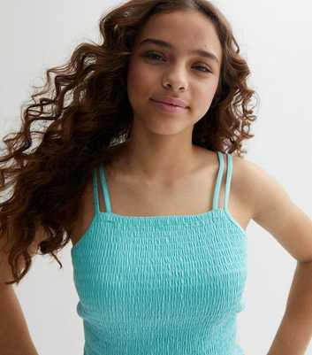 Girls Turquoise Shirred Double Strap Cami