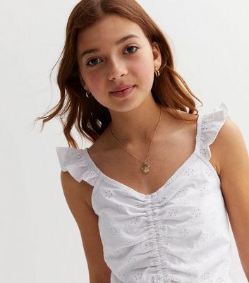 Girls White Broderie Frill Ruched Vest New Look