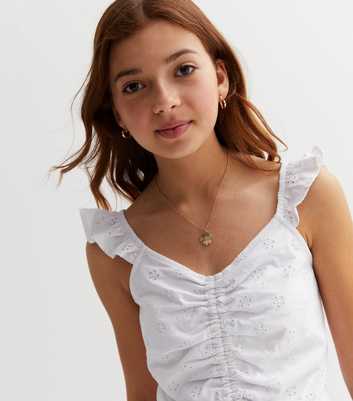 Girls White Broderie Frill Ruched Vest