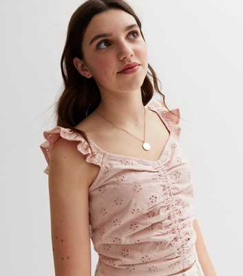 Girls Pale Pink Broderie Frill Ruched Vest