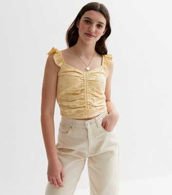 Girls Pale Yellow Broderie Frill Ruched Vest
