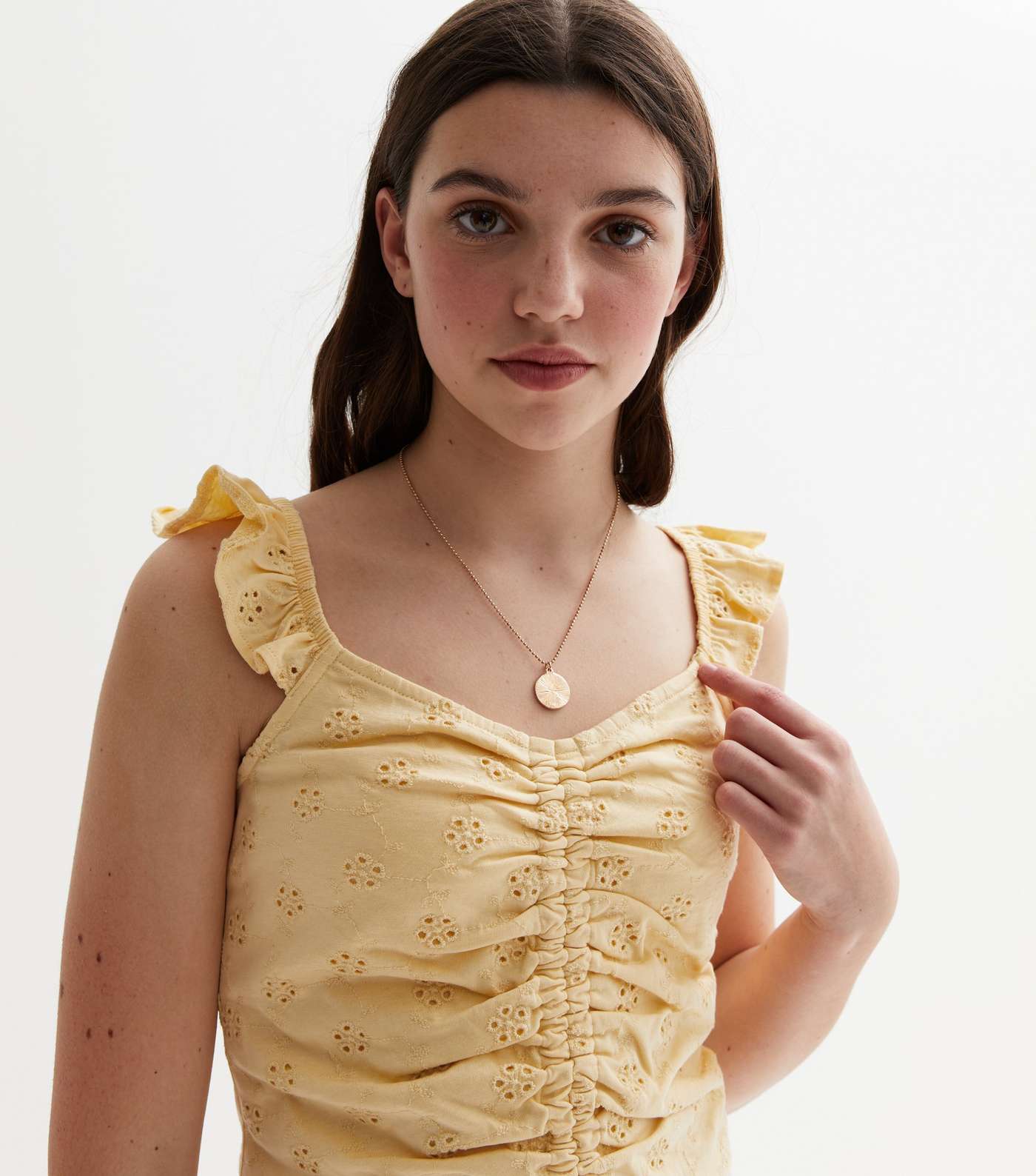 Girls Pale Yellow Broderie Frill Ruched Vest Image 3