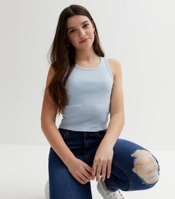 Girls Pale Blue Ribbed Jersey Racer Vest