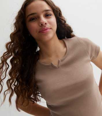Girls Light Brown Notch Neck T-Shirt