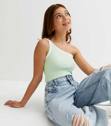 Girls Light Green Ribbed One Shoulder Ringer Top