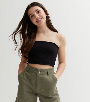 Girls Black Shirred Bandeau Top New Look