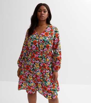 ONLY Curves Black Floral V Neck Long Sleeve Button Front Mini Dress