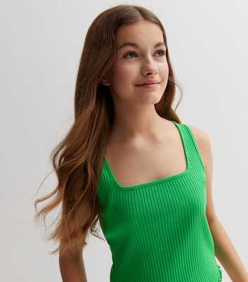 Girls Green Ribbed Jersey Frill Square Neck Vest