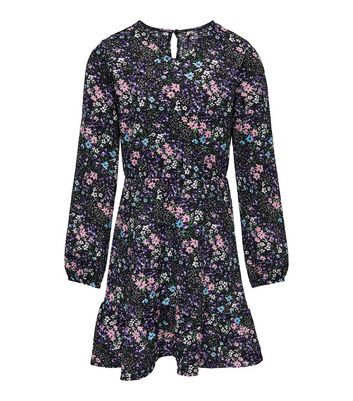 KIDS ONLY Black Floral Jersey Frill Long Sleeve Dress New Look