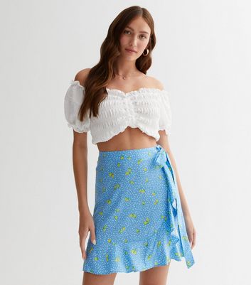 Blue Spot Lemon Ruffle Mini Wrap Skirt New Look