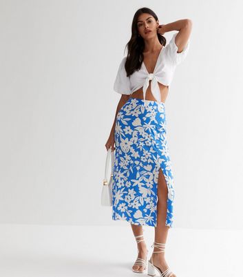 Blue Floral Split Hem Midi Skirt New Look
