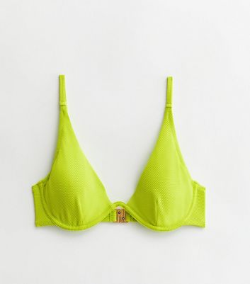 Yellow Textured Plunge Underwired Bikini Top New Look