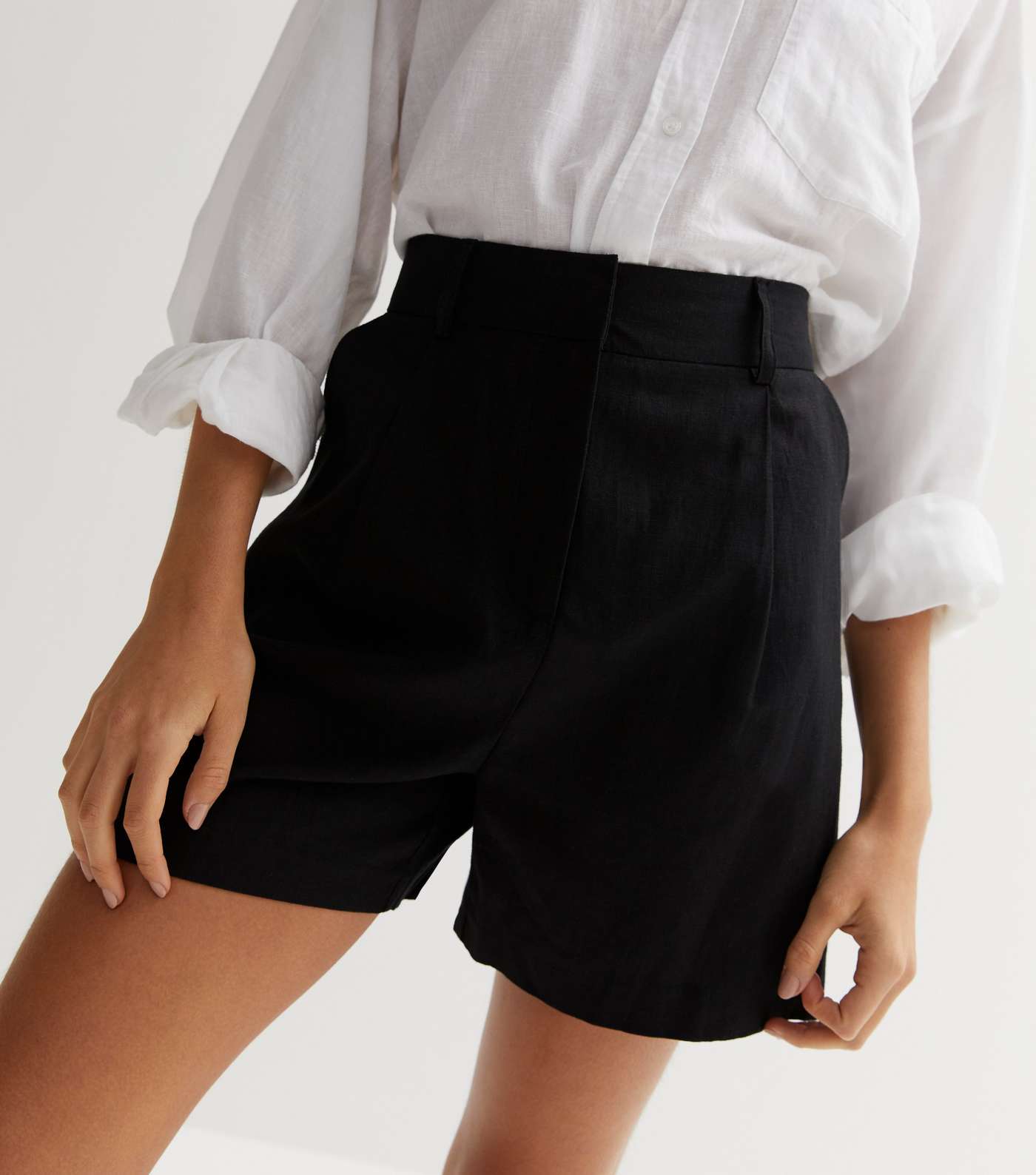 Black Linen Blend High Waist Formal Shorts Image 3