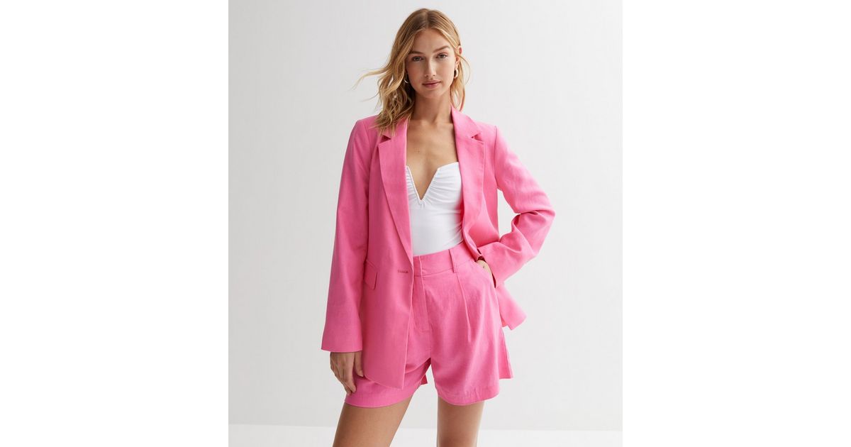Bright Pink Linen Blend High Waist Formal Shorts New Look