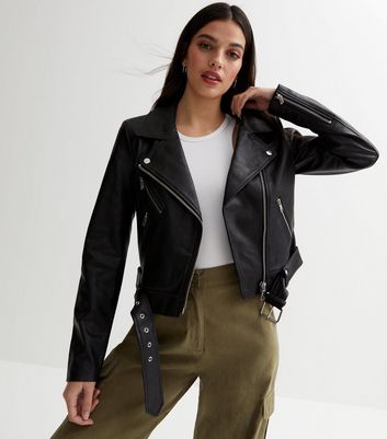 ONLY Black Leather-Look Belted Biker Jacket New Look