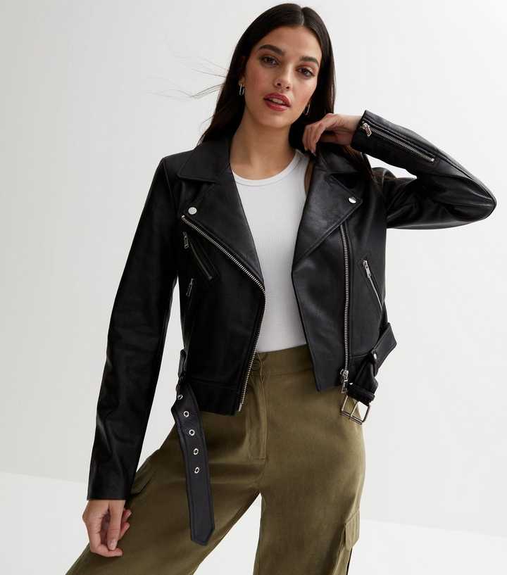 ONLY Black Leather-Look Belted Biker Jacket | New Look