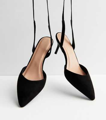 Black Suedette Ankle Tie Pointed Stiletto Heel Court Shoes