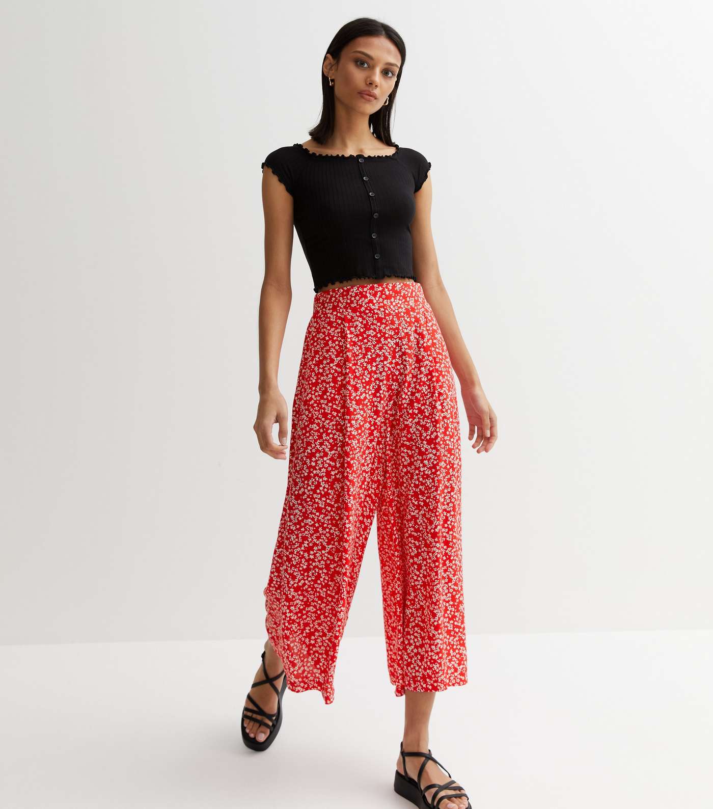Red Ditsy Floral Wide Leg Crop Trousers Image 2