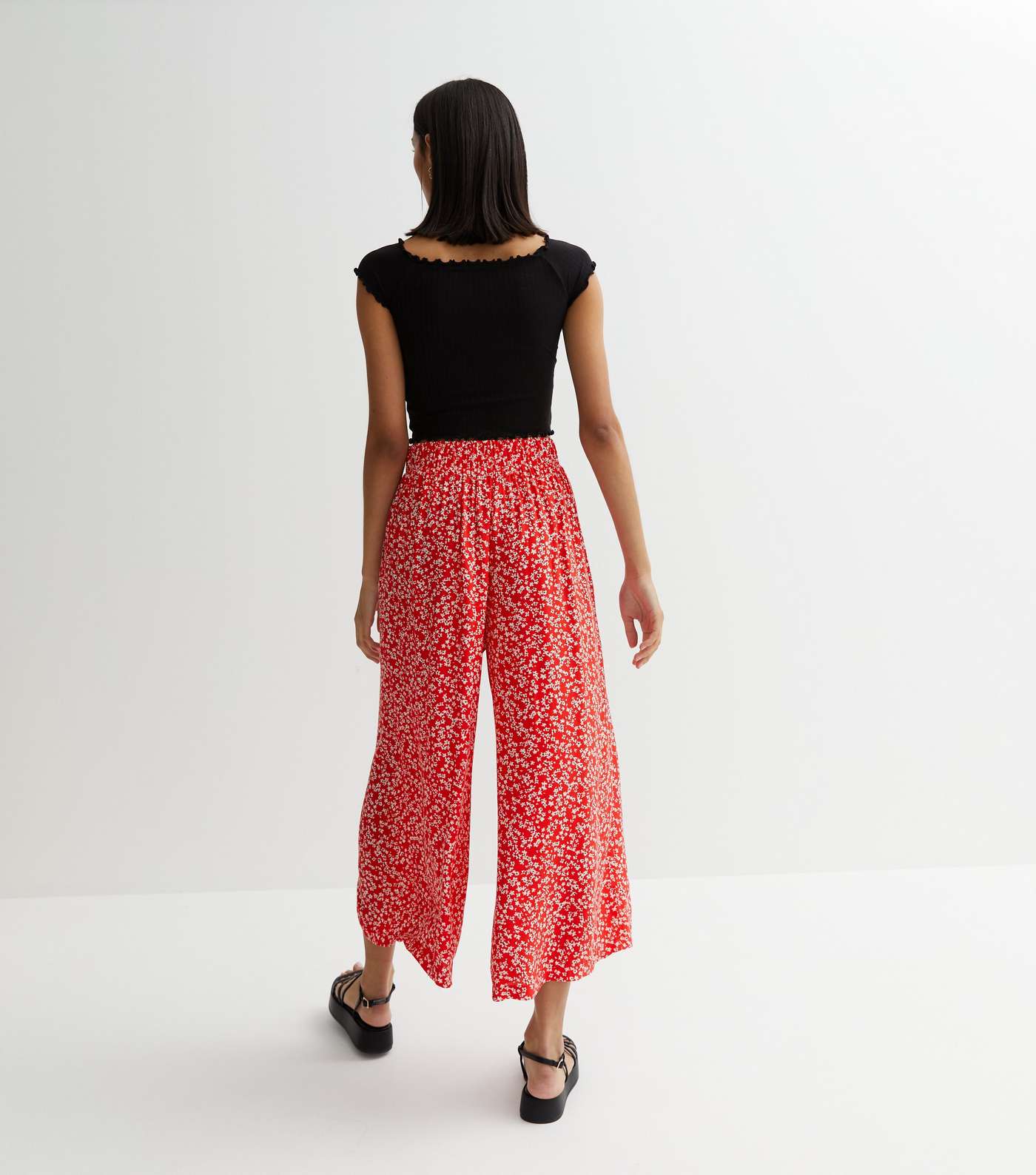 Red Ditsy Floral Wide Leg Crop Trousers Image 4