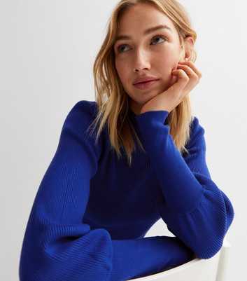 Sunshine Soul Bright Blue Ribbed Knit Long Puff Sleeve Jumper