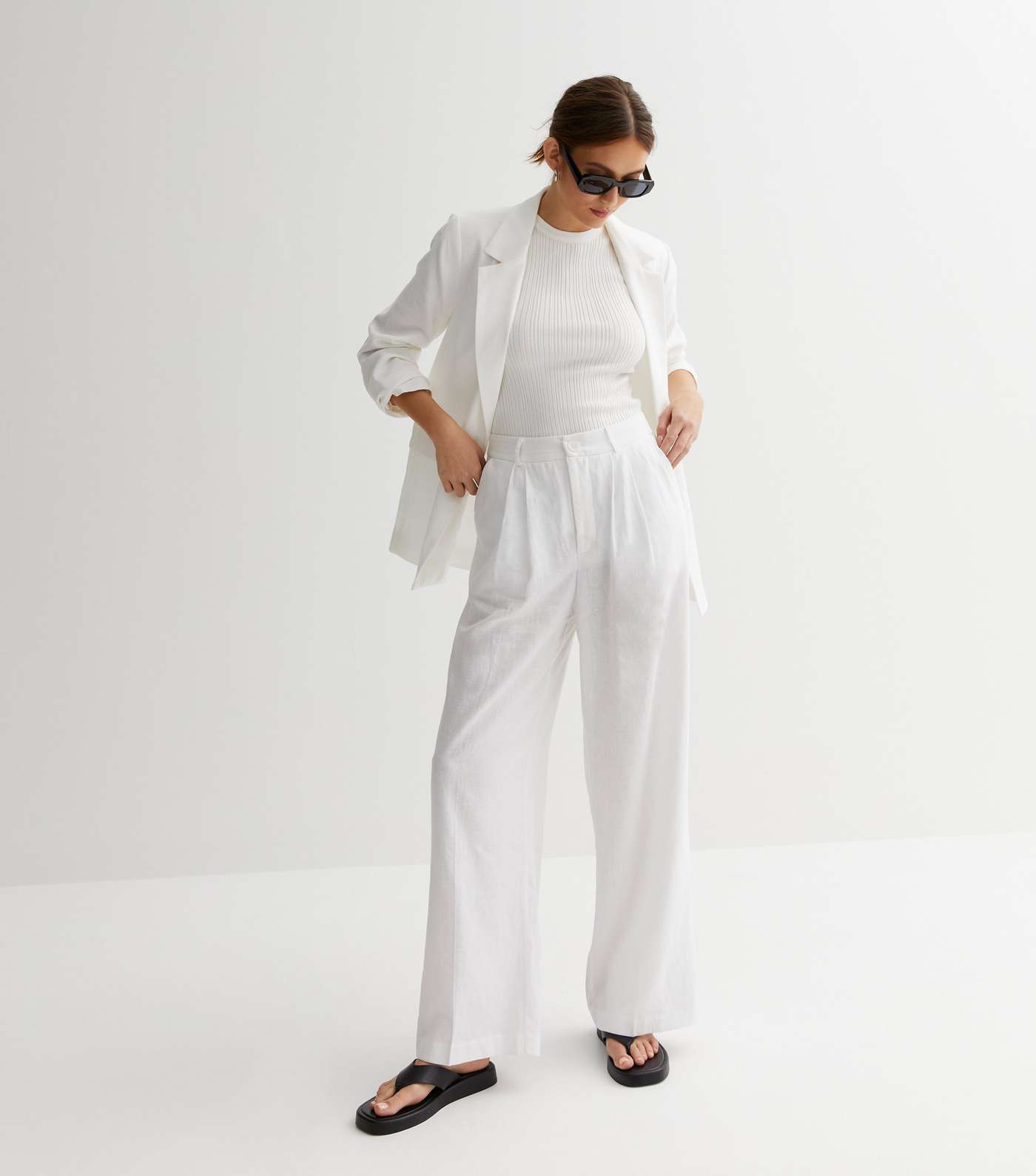 White Linen-Look Button Front Blazer Image 2