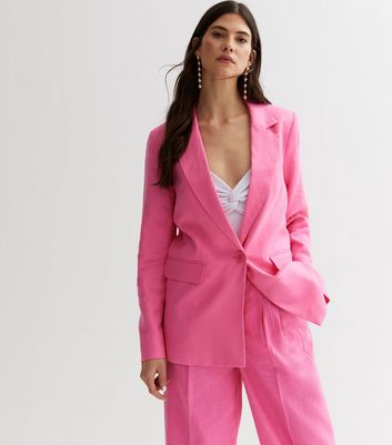 Bright Pink Linen-Look Button Front Blazer