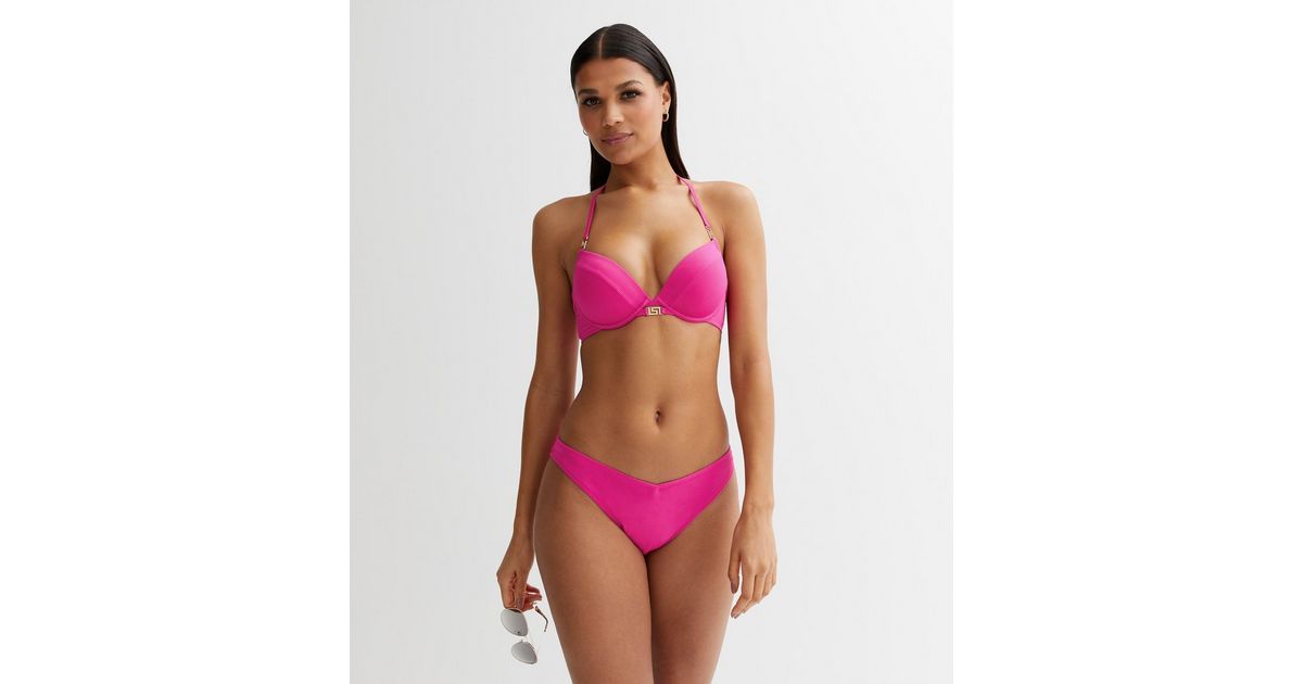 Bright Pink Ribbed V Front Bikini Bottoms New Look