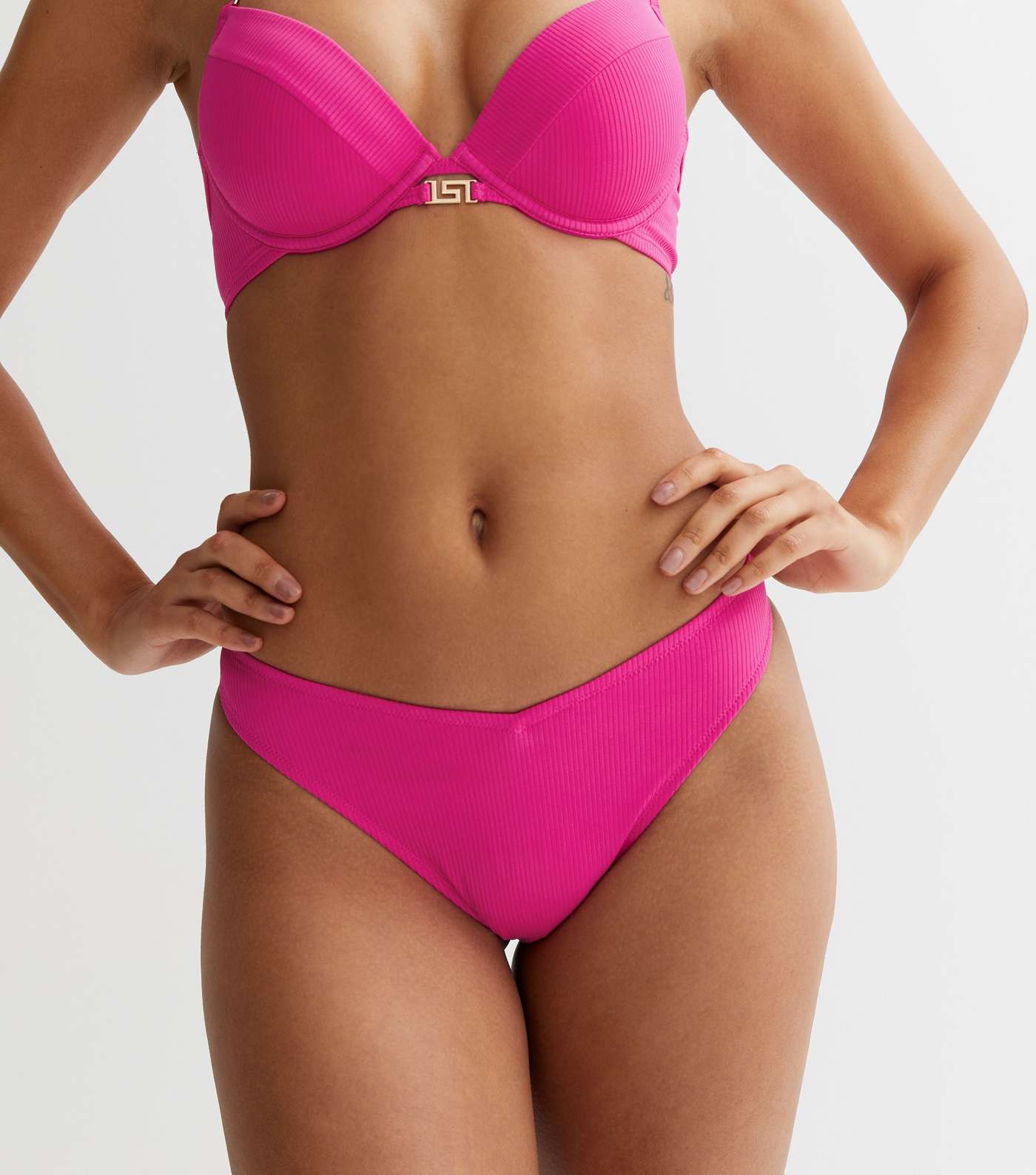 Bright Pink Ribbed V Front Bikini Bottoms Image 2