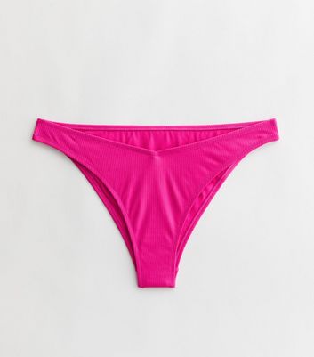 Bright Pink Ribbed V Front Bikini Bottoms New Look