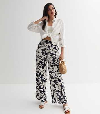 Blue Floral High Waist Wide Leg Trousers