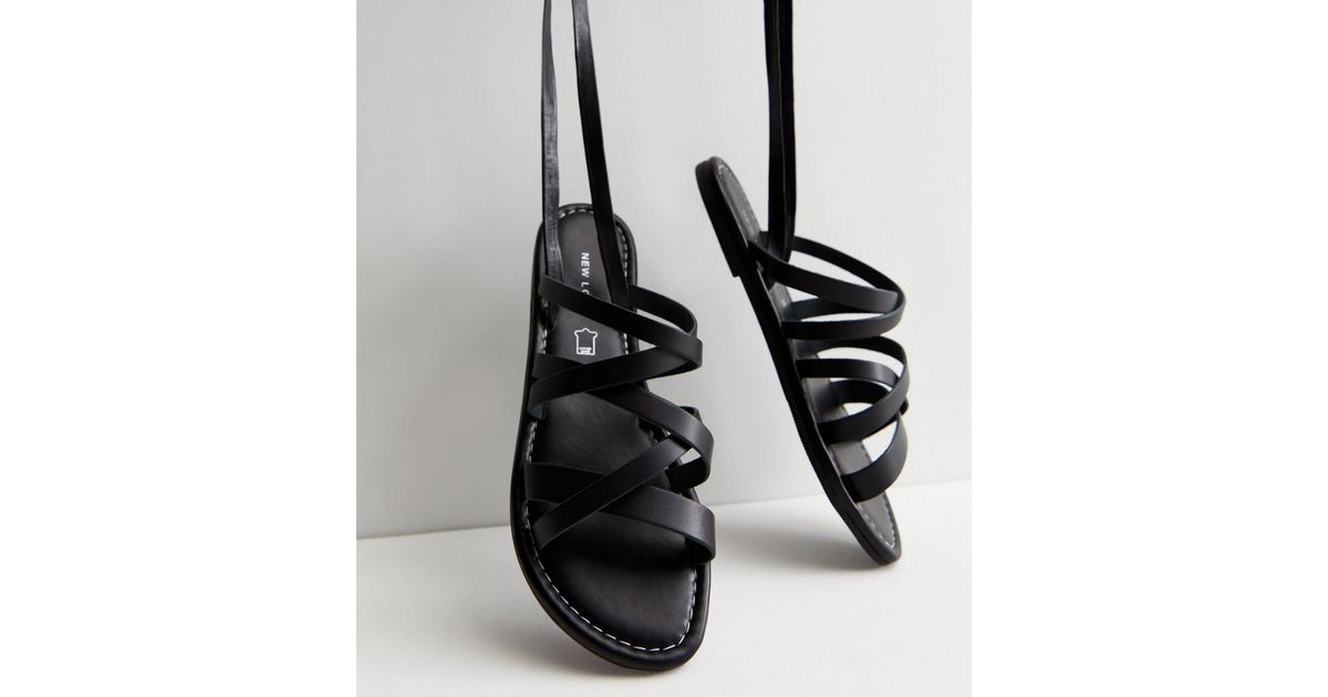 Black Leather Multi Strap Tie Sandals | New Look