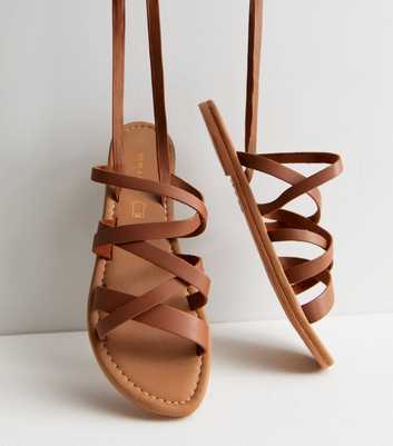 Tan Leather Multi Strap Tie Sandals