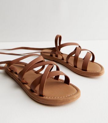 Tan Leather Multi Strap Tie Sandals New Look